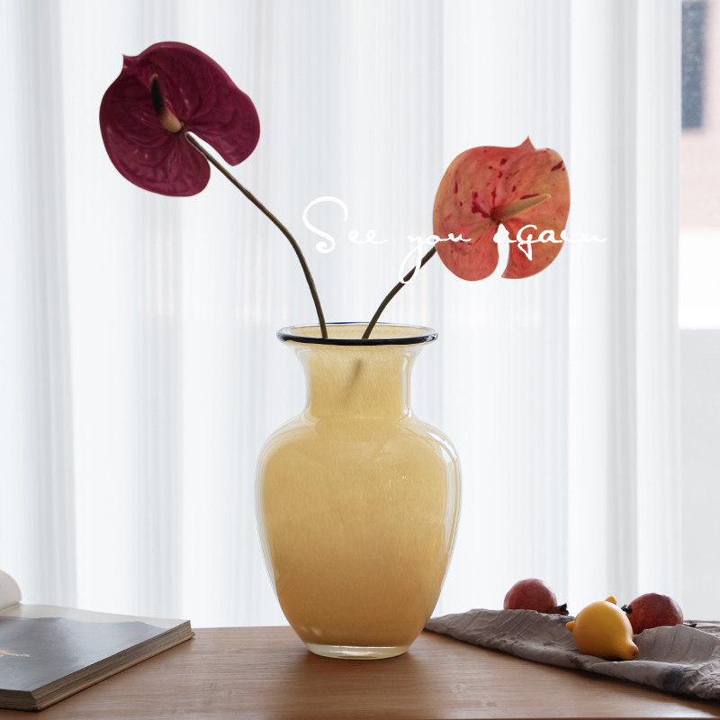 法式大肚玻璃花瓶轻奢高级感奶油色琉璃花器水培插花客厅创意摆件,淘宝优惠券,粉丝福利购,淘宝优惠卷