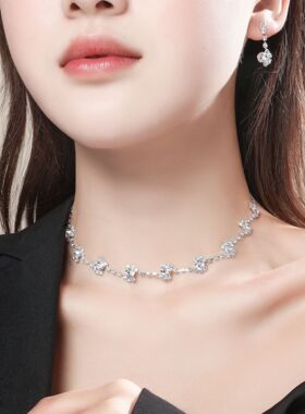 跨境货源 婚庆新娘满钻水晶项链耳环两件套 气质新娘首饰锁骨链女