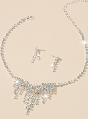 MYYA 时尚简约满钻流苏项链耳环两件套 个性小众精致百搭首饰套装