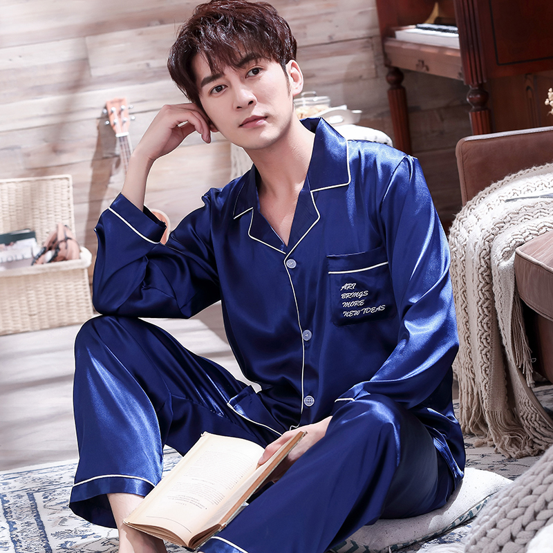 索菲花园旗舰店春秋季男士睡衣冰丝长袖薄款仿真丝绸青年夏季加大码家居服套装男0