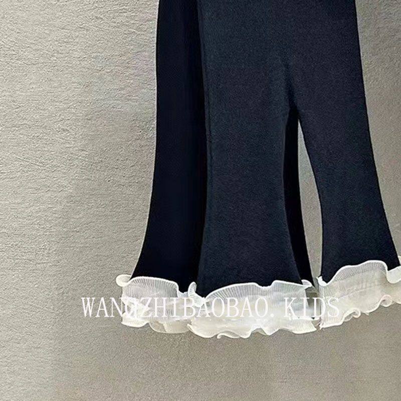 修身松紧腰春秋女童打底裤弹力黑色荷叶边拼接甜美可爱儿童裤子,淘宝优惠券,粉丝福利购,淘宝优惠卷