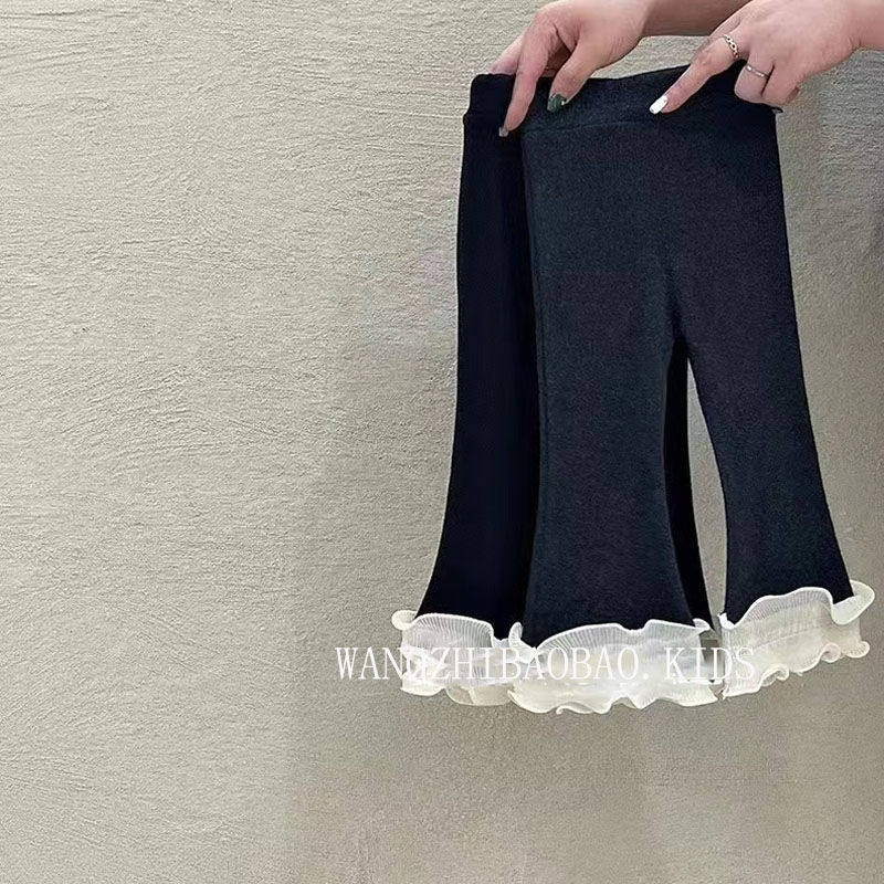 修身松紧腰春秋女童打底裤弹力黑色荷叶边拼接甜美可爱儿童裤子,淘宝优惠券,粉丝福利购,淘宝优惠卷