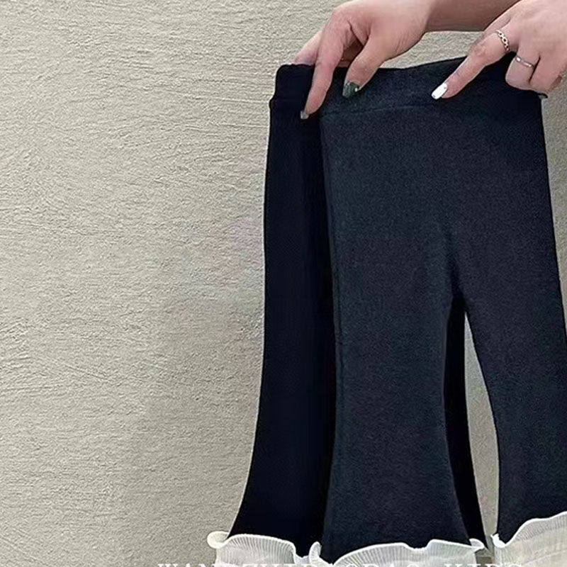 修身松紧腰春秋女童打底裤弹力黑色荷叶边拼接甜美可爱儿童裤子,淘宝优惠券,粉丝福利购,淘宝优惠卷