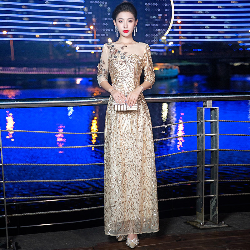 晚礼服女2023新款金色长款高级高端奢华主持人宴会气质轻奢连衣裙_虎窝淘
