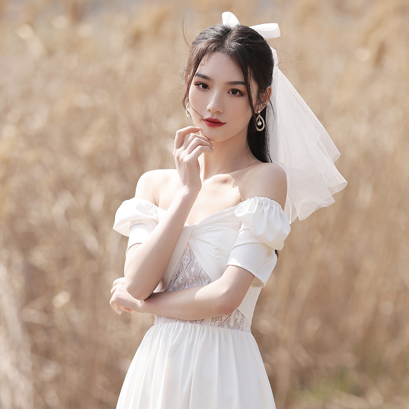 白色小平时可穿夏季订婚连衣裙婚纱 薇绣礼服/晚装