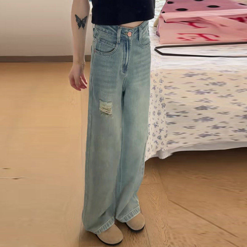 夏季破洞阔腿牛仔裤女夏高腰2026年新款小个子宽松显瘦垂感直筒裤,淘宝优惠券,粉丝福利购,淘宝优惠卷