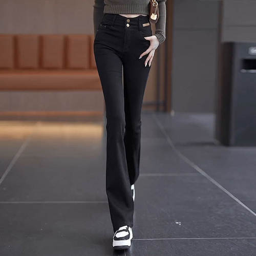高腰牛仔喇叭裤女2026新款秋冬加绒马蹄裤春秋修身长裤直筒微喇裤 - 图2