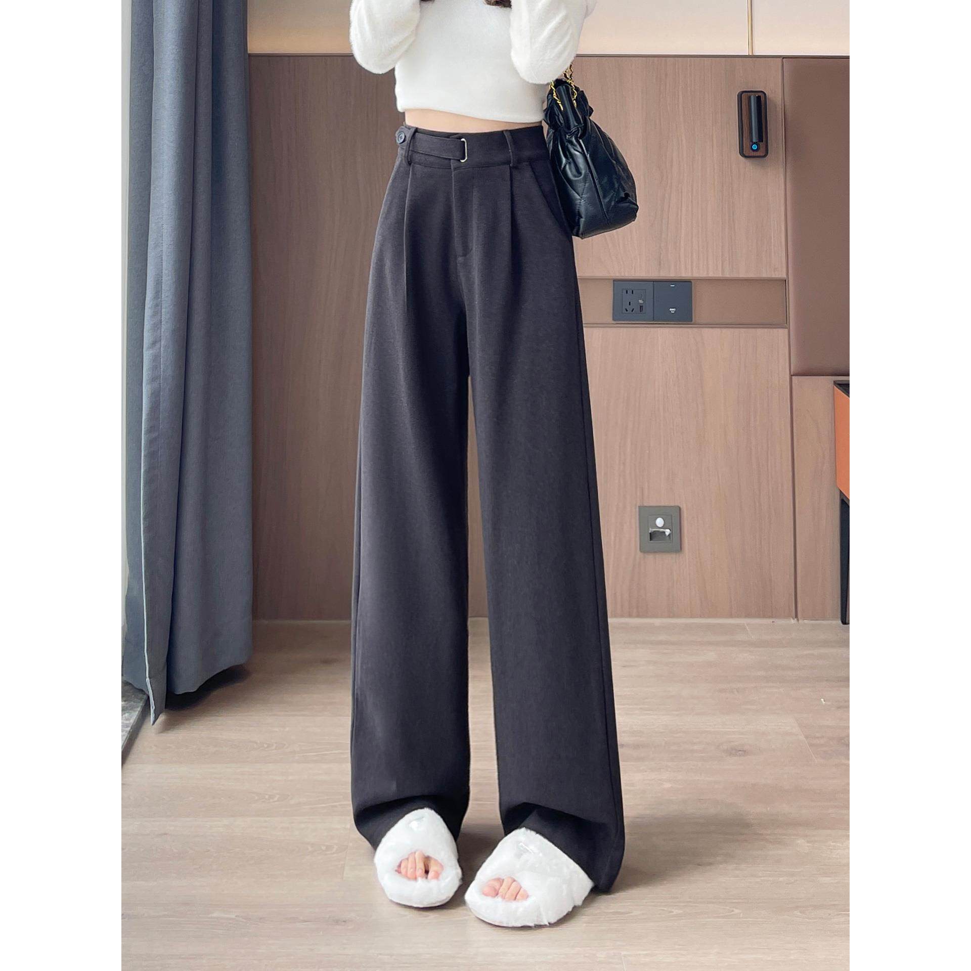 毛呢西装裤女黑灰色秋冬新款加绒加厚高腰抗皱垂感窄版阔腿直筒裤,淘宝优惠券,粉丝福利购,淘宝优惠卷