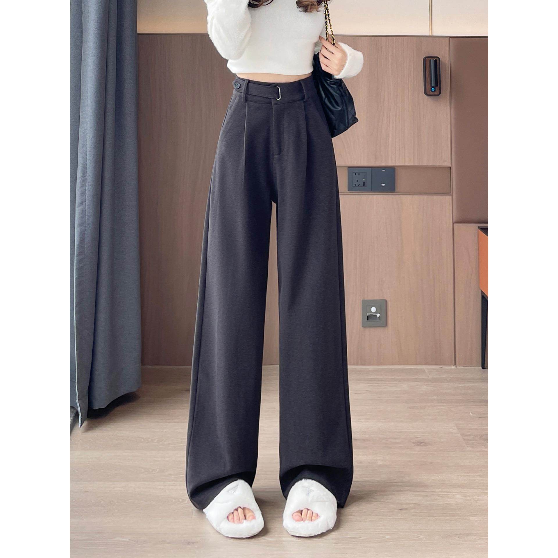 毛呢西装裤女黑灰色秋冬新款加绒加厚高腰抗皱垂感窄版阔腿直筒裤,淘宝优惠券,粉丝福利购,淘宝优惠卷