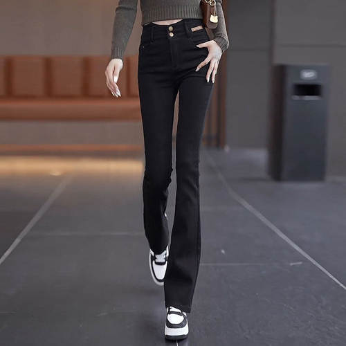 高腰牛仔喇叭裤女2026新款秋冬加绒马蹄裤春秋修身长裤直筒微喇裤 - 图0
