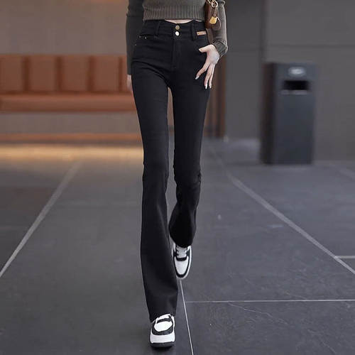 高腰牛仔喇叭裤女2026新款秋冬加绒马蹄裤春秋修身长裤直筒微喇裤 - 图3