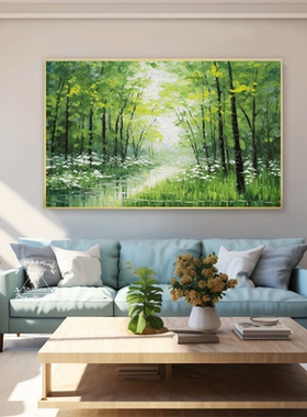 大芬村手绘油画抽象绿色树林风景现代客厅背景装饰画横版卧室挂画