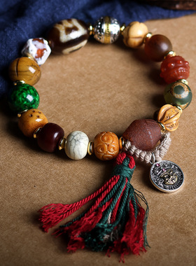 藏式手串男大鹏鸟天珠老料老玛瑙