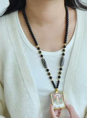 藏传佛教黑玛瑙天珠挂链唐卡配链