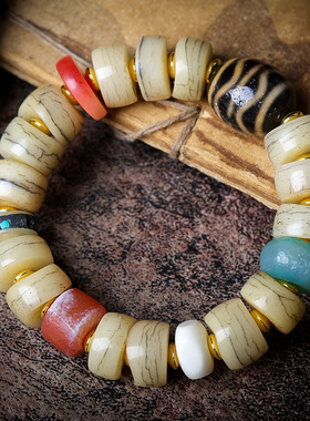 藏炸纹牦牛骨手串双虎牙天珠男女