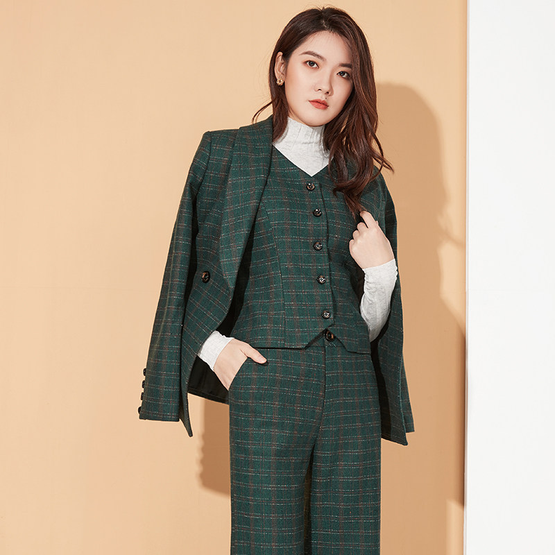 美妃雅套装女2025秋冬新款熟女高冷格子毛呢西装马甲阔腿裤三件套