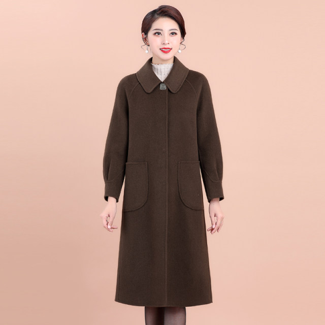 时尚中老年秋冬双面呢羊毛绒大衣女妈妈装厚毛呢子外套长款加大码