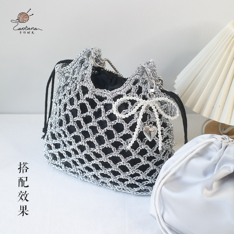 银色立体缎面内衬袋手工编织包包内胆有光泽绸缎束口袋钩织包内袋,淘宝优惠券,粉丝福利购,淘宝优惠卷