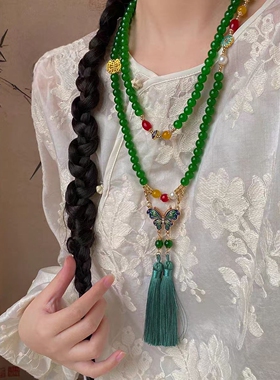 新中式中国风复古佛珠毛衣链长款脖子项链男女棉麻唐装汉服配饰件