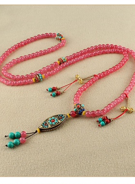 新中式斜挎链唐装配饰项链长款国风挂件民族风女串珠棉麻装饰旗袍