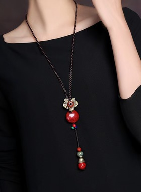 民族风复古新中式毛衣链女长款陶瓷串珠吊坠挂绳衣服挂件配饰项链