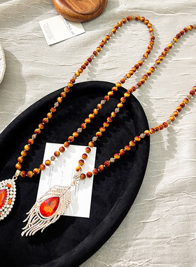 新中式国风虎眼石项链简约高级感轻奢百搭毛衣链秋冬长款配饰挂件