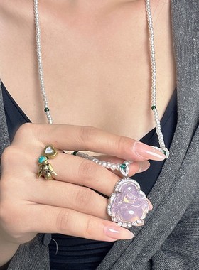 新中式国风长款珍珠绿玛瑙串珠旗袍玉佛吊坠项链女配饰挂件毛衣链