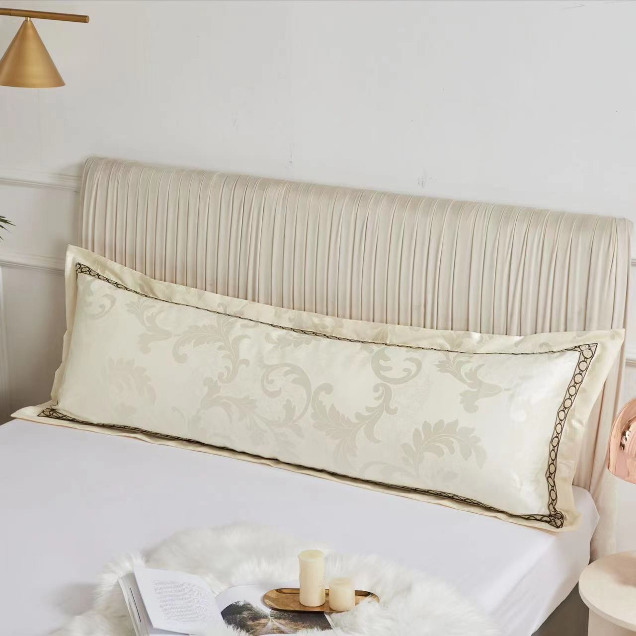 双人长枕套纯棉贡缎提花1.2/1.5/1.8m米情侣婚庆枕头套加长枕芯套 - 图1