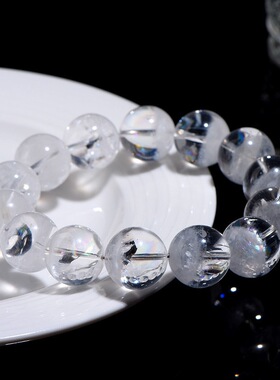 天然彩虹白幽灵圆珠手链 七彩白色幽灵手链