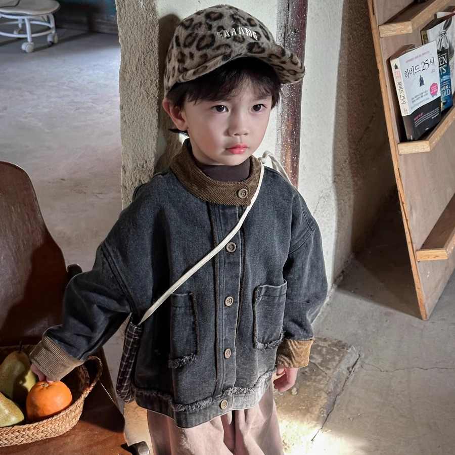 男童牛仔外套2025春秋儿童中小童宝宝撞色领森系复古风休闲夹克潮 - 图1