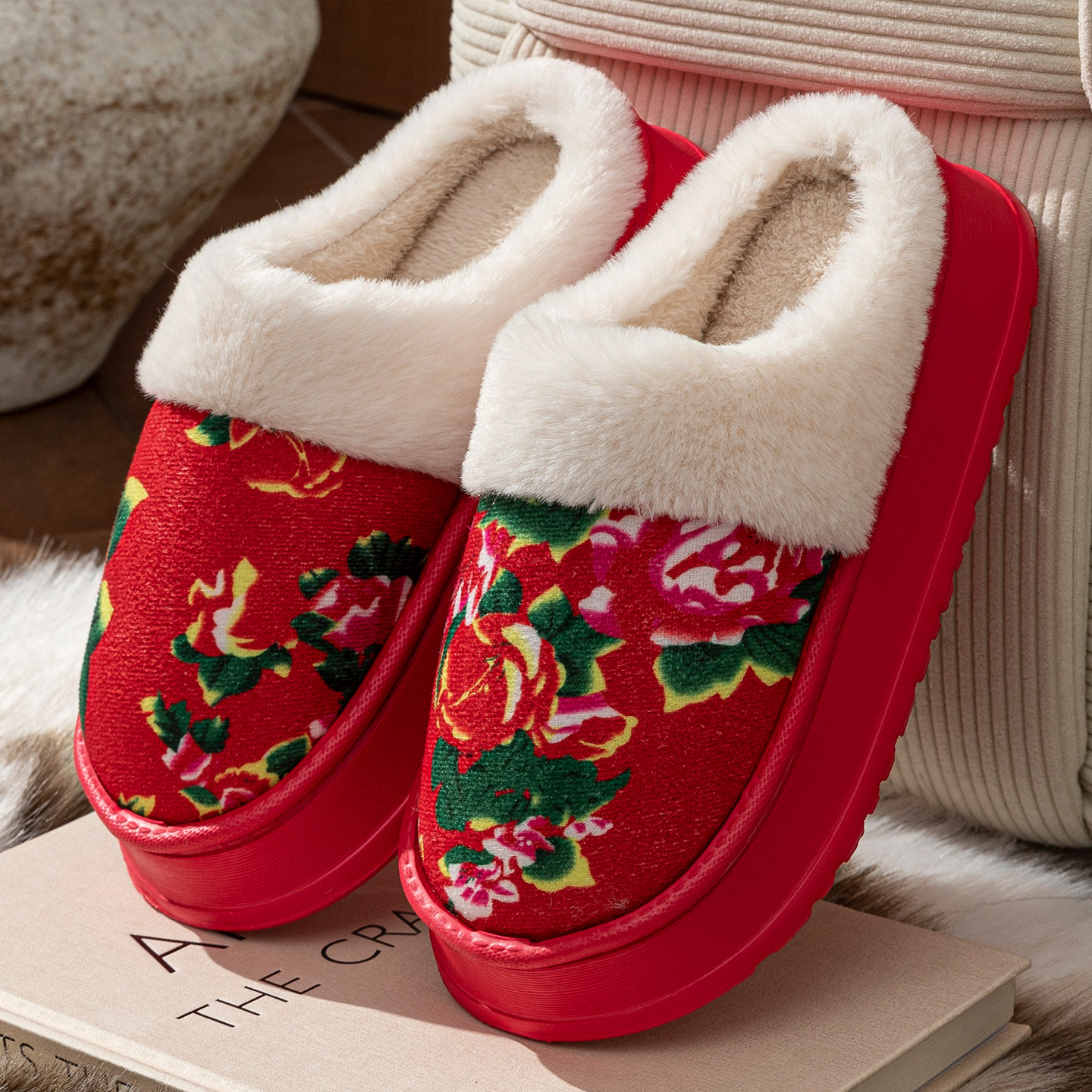 民族风棉拖鞋女款秋冬季情侣居家厚底防滑东北大花加绒保暖拖鞋男,淘宝优惠券,粉丝福利购,淘宝优惠卷