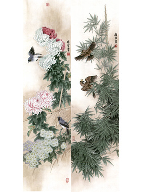 国画花鸟白描底稿四条牡丹