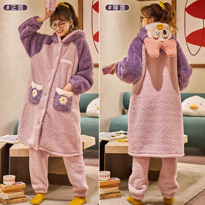 秋冬季法兰绒加绒连帽长款可爱睡袍 奥美诗嘉睡衣/家居服套装
