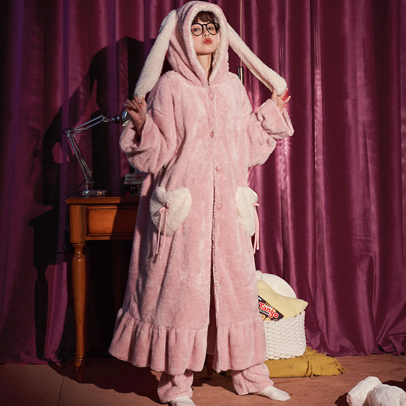 秋冬季法兰绒加绒长款可爱睡袍 奥美诗嘉睡衣/家居服套装