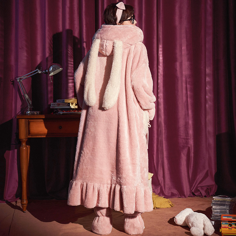 秋冬季法兰绒加绒长款可爱睡袍 奥美诗嘉睡衣/家居服套装