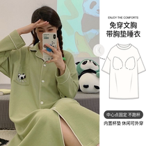 With Chest Cushion Sleeping Dress Spring Autumn Style Waffle Pyjamas Womens Summer Large Code Long Sleeves Summer Pregnant Womens Home Clothing Can Be Worn Out
