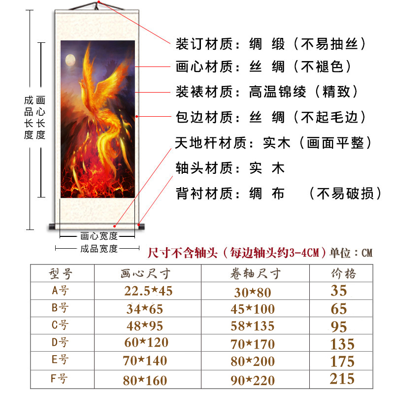 客厅火凤凰黄色火焰飞翔金色凤凰竖款条幅丝绸卷轴挂画鸟装裱壁画-图1