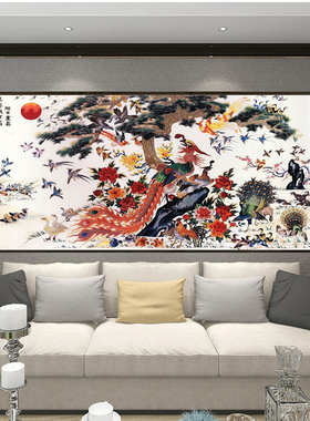 客厅是工笔花鸟画新中式