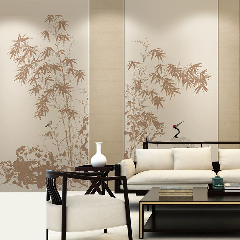 新中式花鸟竹木背景墙纸客厅书房茶室装饰壁画卧室水墨竹影壁布
