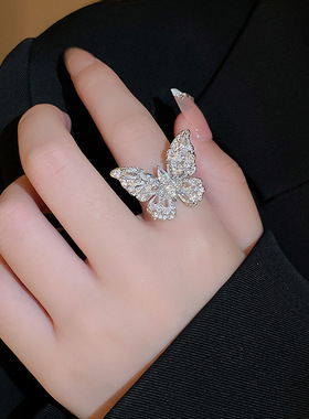 满钻锆石蝴蝶戒指开口戒指甜美精致巨闪戒指公主风戒指轻奢小众