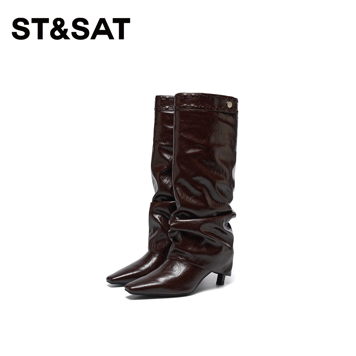 星期六西部牛仔靴2025冬季新款褶皱复古堆堆靴细跟长靴高筒骑士靴 - 图2