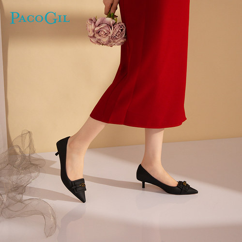 PACO GIL女鞋2025秋冬新款真皮黑色法式气质尖头浅口高跟鞋女单鞋 - 图1