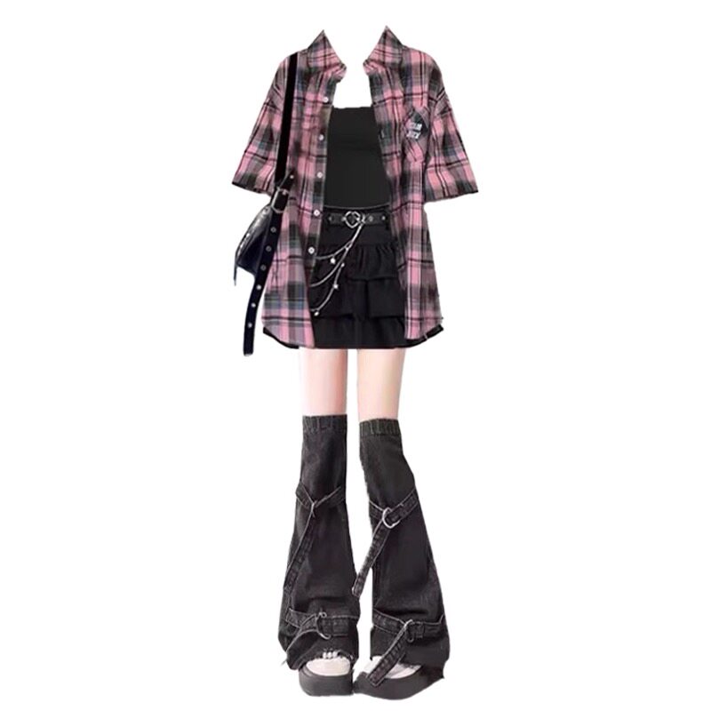 夏日韩系少女穿搭一整套新款格子衬衫吊带显瘦百搭蓬蓬短裙三件套