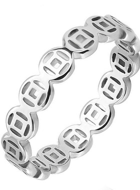 复古钛钢铜钱戒指指环18k金食指男女尾戒