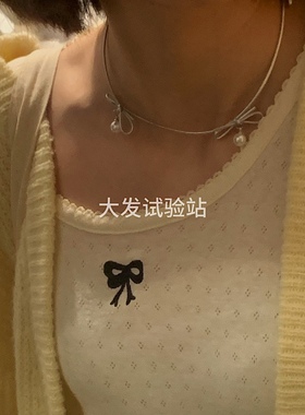 大发试验站 银色皮质蝴蝶结轻奢项链纯欲风choker颈链高级感锁骨