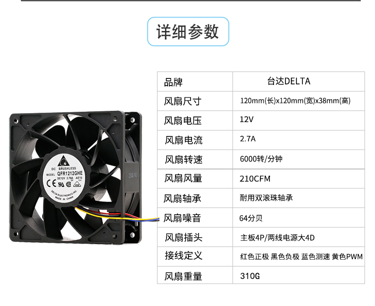 12CM台达QFR1212GHE 2.7A 蚂蚁S7/S9 D3 L3 E9神马翼比特暴力风扇 - 图0