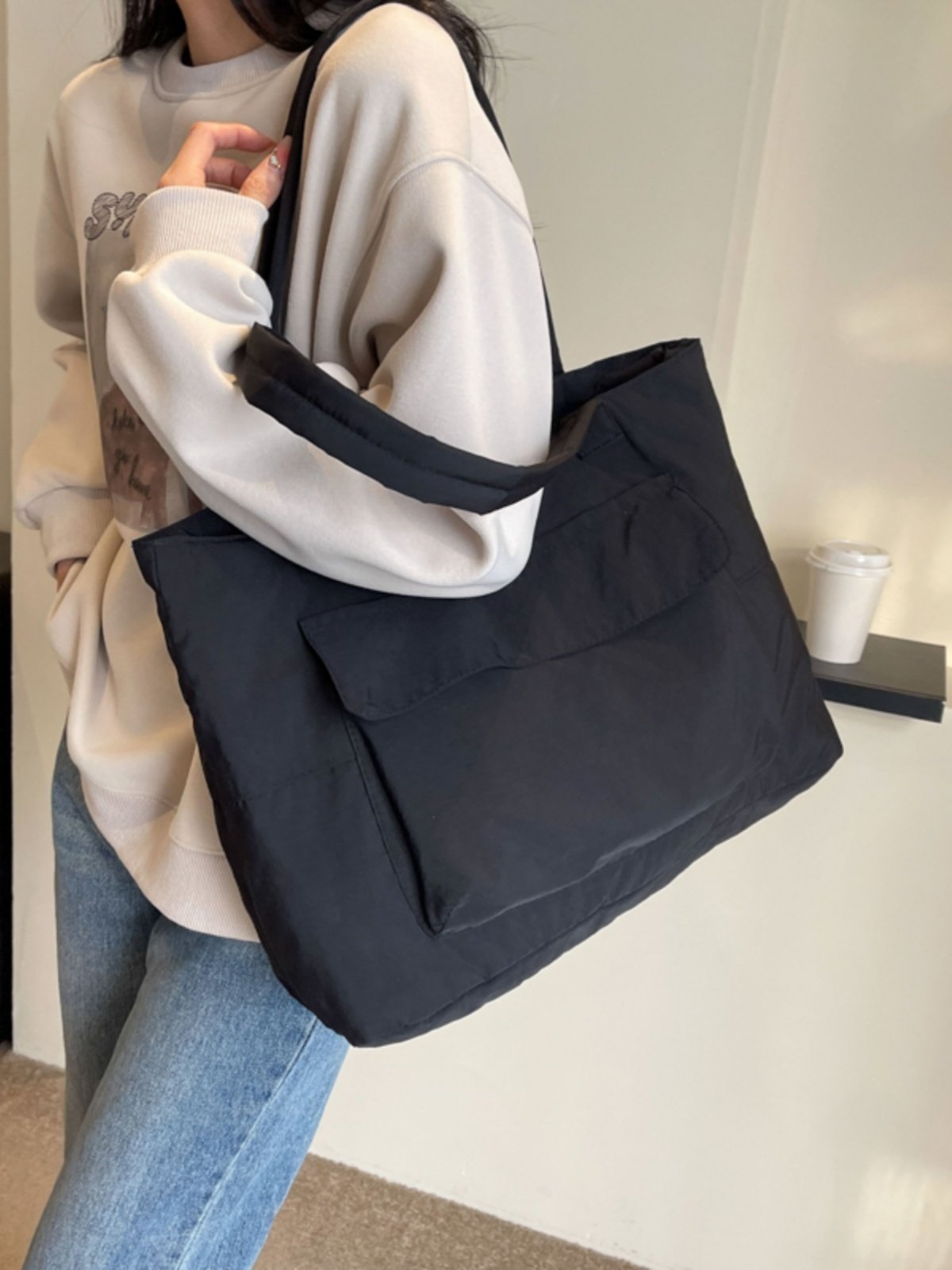 尼龙布单肩托特女包大容量韩版简约百搭纯色休闲大学生通勤上课包,淘宝优惠券,粉丝福利购,淘宝优惠卷