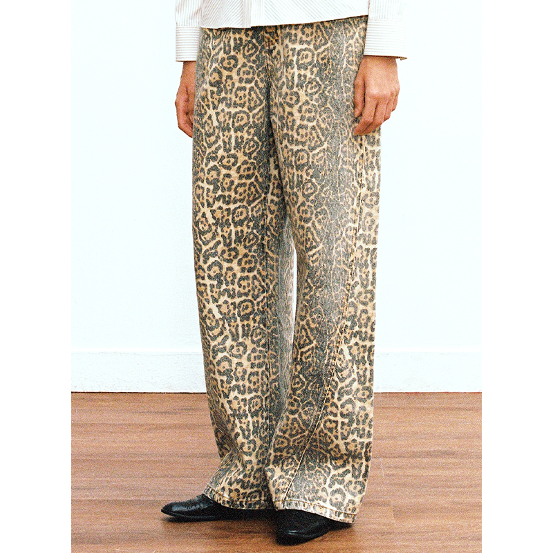 TRINITE*Leopard Jeans豹纹印花水洗做旧阔腿牛仔长裤-图2