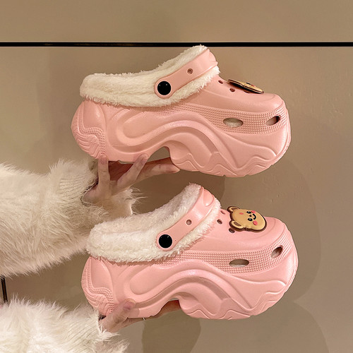 洞洞鞋增高10cm冬季加绒外穿厚底结婚穿防滑保暖婚纱神器婚鞋潮 - 图0