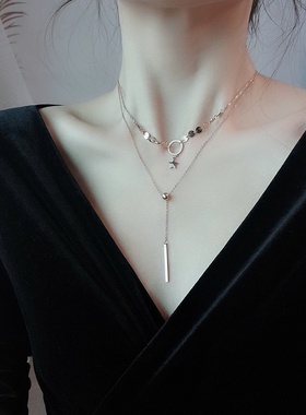 钛钢冷淡风项链女小众设计感双层颈链圆环五角星吊坠锁骨链女简约